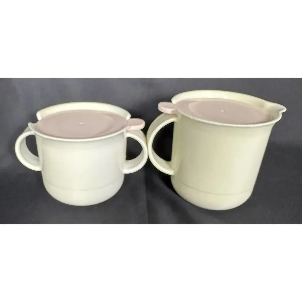 Tupperware Vintage Creamer 2309A & Sugar 23108 Pink Lids Ivory Base Set Vintage